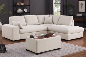 Joshua 100"W Beige Woven Fabric Sectional Sofa with Right Facing Chaise and Console Ottoman