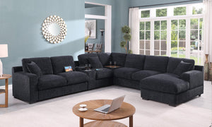 Celine 141.5"W Dark Gray Chenille Fabric Corner Sectional Sofa with Right-Facing Chaise, Cupholders, and Charging Ports