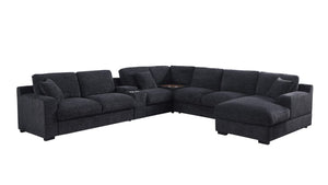 Celine 141.5"W Dark Gray Chenille Fabric Corner Sectional Sofa with Right-Facing Chaise, Cupholders, and Charging Ports