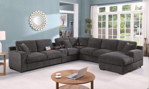 Celine 141.5"W Gray Chenille Fabric Corner Sectional Sofa with Right-Facing Chaise, Cupholders, and Charging Ports