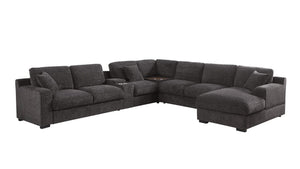 Celine 141.5"W Gray Chenille Fabric Corner Sectional Sofa with Right-Facing Chaise, Cupholders, and Charging Ports