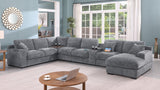 Celine 141.5"W Light Gray Chenille Fabric Corner Sectional Sofa with Right-Facing Chaise, Cupholders, and Charging Ports