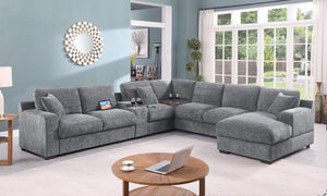 Celine 141.5"W Light Gray Chenille Fabric Corner Sectional Sofa with Right-Facing Chaise, Cupholders, and Charging Ports