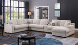 Celine 141.5"W Beige Chenille Fabric Corner Sectional Sofa with Right-Facing Chaise, Cupholders, and Charging Ports