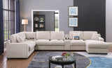 Celine 141.5"W Beige Chenille Fabric Corner Sectional Sofa with Right-Facing Chaise, Cupholders, and Charging Ports