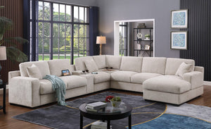 Celine 141.5"W Beige Chenille Fabric Corner Sectional Sofa with Right-Facing Chaise, Cupholders, and Charging Ports