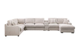 Celine 141.5"W Beige Chenille Fabric Corner Sectional Sofa with Right-Facing Chaise, Cupholders, and Charging Ports