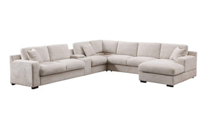 Celine 141.5"W Beige Chenille Fabric Corner Sectional Sofa with Right-Facing Chaise, Cupholders, and Charging Ports