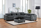 Trey 115"W Gray Chenille Sectional Sofa with Adjustable Backrest, Charging Ports, Pockets, Tufting, Storage Ottoman, Throw Pillows