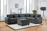 Trey 115"W Gray Chenille Sectional Sofa with Adjustable Backrest, Charging Ports, Pockets, Tufting, Storage Ottoman, Throw Pillows