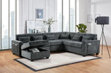 Trey 115"W Gray Chenille Sectional Sofa with Adjustable Backrest, Charging Ports, Pockets, Tufting, Storage Ottoman, Throw Pillows