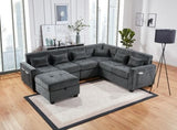 Trey 115"W Gray Chenille Sectional Sofa with Adjustable Backrest, Charging Ports, Pockets, Tufting, Storage Ottoman, Throw Pillows