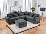 Trey 115"W Gray Chenille Sectional Sofa with Adjustable Backrest, Charging Ports, Pockets, Tufting, Storage Ottoman, Throw Pillows