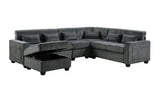 Trey 115"W Gray Chenille Sectional Sofa with Adjustable Backrest, Charging Ports, Pockets, Tufting, Storage Ottoman, Throw Pillows