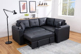 Donovan 84.5"W Black PVC Fabric Sleeper Sectional with USB Charger, Cupholders, Storage Arms