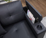 Donovan 84.5"W Black PVC Fabric Sleeper Sectional with USB Charger, Cupholders, Storage Arms