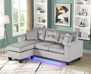 Sorenza 74"W Gray Velvet Reversible Sectional Sofa Chaise with LED Light, USB Port, Nailhead Trim, Throw Pillows, Tufted Cushion