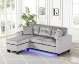 Sorenza 74"W Gray Velvet Reversible Sectional Sofa Chaise with LED Light, USB Port, Nailhead Trim, Throw Pillows, Tufted Cushion