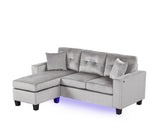 Sorenza 74"W Gray Velvet Reversible Sectional Sofa Chaise with LED Light, USB Port, Nailhead Trim, Throw Pillows, Tufted Cushion