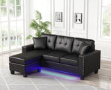 Sorenza 74"W Black PVC Reversible Sectional Sofa Chaise with LED Light, USB Port, Nailhead Trim, Throw Pillows, Tufted Cushion