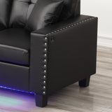 Sorenza 74"W Black PVC Reversible Sectional Sofa Chaise with LED Light, USB Port, Nailhead Trim, Throw Pillows, Tufted Cushion