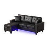 Sorenza 74"W Black PVC Reversible Sectional Sofa Chaise with LED Light, USB Port, Nailhead Trim, Throw Pillows, Tufted Cushion