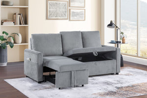 Oswin 70"W Gray Corduroy Sofa with Pull-Out Chaise, Underseat Storage, Side Pocket