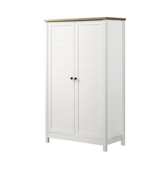 Claire 35"W White Storage Cabinet with Oak Accent Finish and Framed Slatted Panel Design