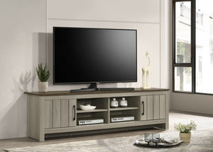 Nyla 68.5"W Gray Oak TV Stand with Shelves and Cabinet Doors