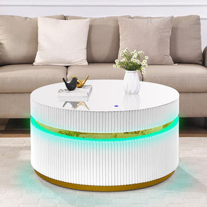 Tavita 39" Round White Coffee Table with Glass Top and LED Lights