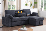 Mackenzie 91"W Dark Gray Chenille Fabric Reversible Sleeper Sectional with Storage Chaise, Drop-Down Table, Cup Holders and Charging Ports