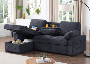 Mackenzie 91"W Dark Gray Chenille Fabric Reversible Sleeper Sectional with Storage Chaise, Drop-Down Table, Cup Holders and Charging Ports