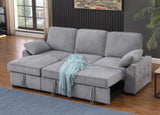 Mackenzie 91"W Light Gray Chenille Fabric Reversible Sleeper Sectional with Storage Chaise, Drop-Down Table, Cup Holders and Charging Ports