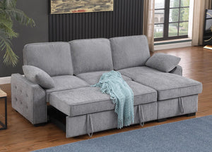 Mackenzie 91"W Light Gray Chenille Fabric Reversible Sleeper Sectional with Storage Chaise, Drop-Down Table, Cup Holders and Charging Ports