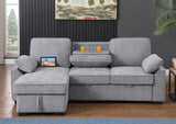 Mackenzie 91"W Light Gray Chenille Fabric Reversible Sleeper Sectional with Storage Chaise, Drop-Down Table, Cup Holders and Charging Ports