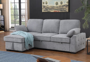 Mackenzie 91"W Light Gray Chenille Fabric Reversible Sleeper Sectional with Storage Chaise, Drop-Down Table, Cup Holders and Charging Ports