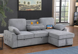 Mackenzie 91"W Light Gray Chenille Fabric Reversible Sleeper Sectional with Storage Chaise, Drop-Down Table, Cup Holders and Charging Ports