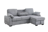 Mackenzie 91"W Light Gray Chenille Fabric Reversible Sleeper Sectional with Storage Chaise, Drop-Down Table, Cup Holders and Charging Ports