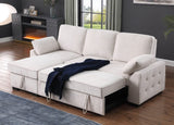 Mackenzie 91"W Beige Chenille Fabric Reversible Sleeper Sectional with Storage Chaise, Drop-Down Table, Cup Holders and Charging Ports