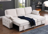 Mackenzie 91"W Beige Chenille Fabric Reversible Sleeper Sectional with Storage Chaise, Drop-Down Table, Cup Holders and Charging Ports