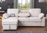 Mackenzie 91"W Beige Chenille Fabric Reversible Sleeper Sectional with Storage Chaise, Drop-Down Table, Cup Holders and Charging Ports