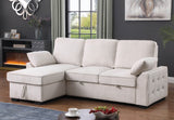 Mackenzie 91"W Beige Chenille Fabric Reversible Sleeper Sectional with Storage Chaise, Drop-Down Table, Cup Holders and Charging Ports