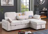 Mackenzie 91"W Beige Chenille Fabric Reversible Sleeper Sectional with Storage Chaise, Drop-Down Table, Cup Holders and Charging Ports