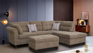 Diego 103.5"W Brown Fabric Sectional Sofa with Right Facing Chaise, Storage Ottoman, and 2 Accent Pillows