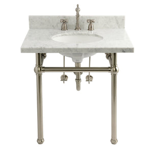 30-Inch Carrara Marble Console Sink Set with Widespread Bathroom Faucet and Plumbing Trim Kit (8-Inch, 3 Hole)