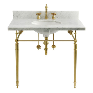 Edwardian 36-Inch Carrara Marble Console Sink Set with Widespread Bathroom Faucet and Plumbing Trim Kit (8-Inch, 3-Hole)