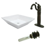 Perfection 16-9/16 Inch Ceramic Square Vessel Sink with Heritage Sink Faucet and Drain Combo