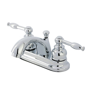 Knight Two-Handle 3-Hole Deck Mount 4" Centerset Bathroom Faucet with Plastic Pop-Up