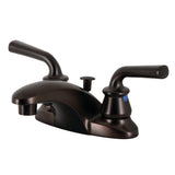 Restoration Two-Handle 3-Hole Deck Mount 4" Centerset Bathroom Faucet with Plastic Pop-Up