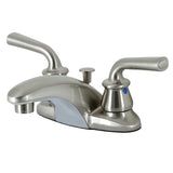 Restoration Two-Handle 3-Hole Deck Mount 4" Centerset Bathroom Faucet with Plastic Pop-Up